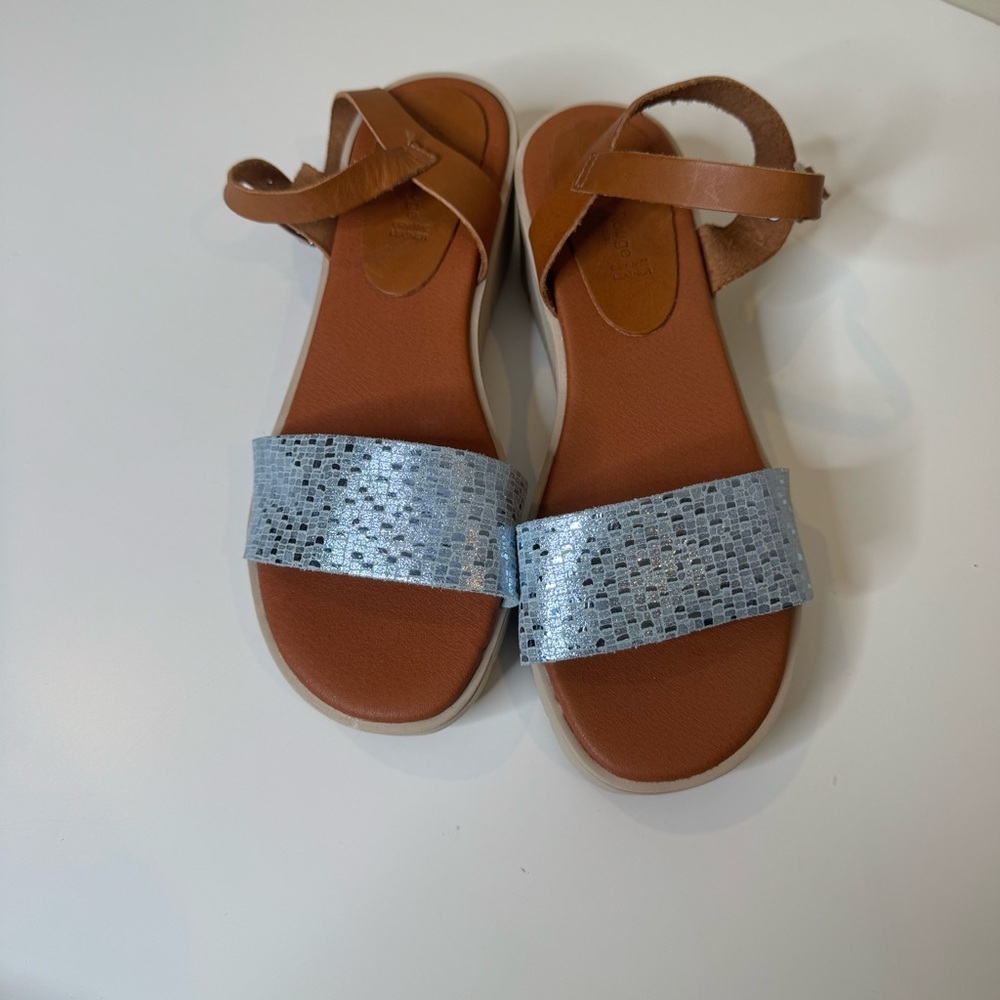 HELENE ROUGE Blue Made In Spain Leather Comfort Sandals With Ankle Strap NWOT